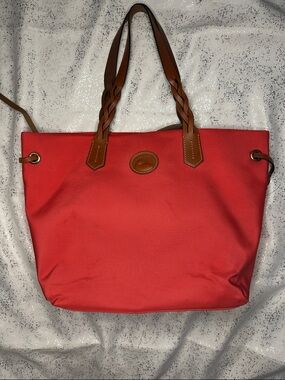 Dooney & Bourke Classic Red Canvas Tote with Braided Tan Handles